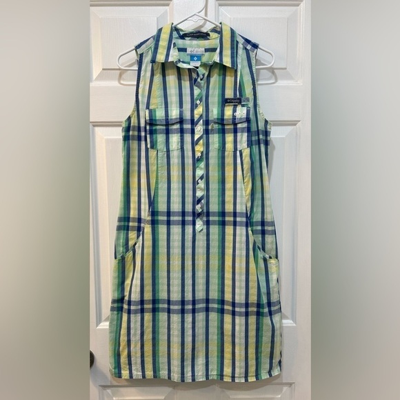 Columbia 100% Cotton Collared Plaid Dress Knee Length W/ Pockets Women's Sz M - Picture 1 of 10